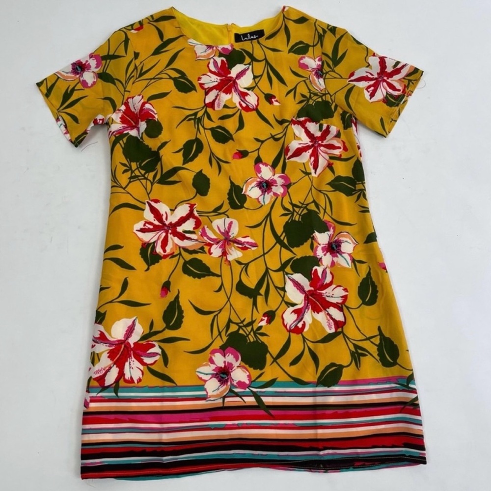 Lulu’s yellow Floral Print Scoop Neck Multicolor Striped mini dress